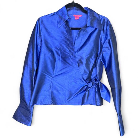 Women's Royal Blue Shiny 100% Silk Wrap Holiday Party Blouse - Picture 1 of 9